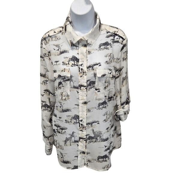 Banana Republic Y2K Safari Animal Print Roll Sleeve Sheer Blouse  L Office Siren - Picture 1 of 9